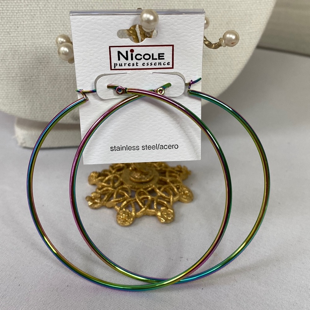 Large holographic style rainbow hoop earrings